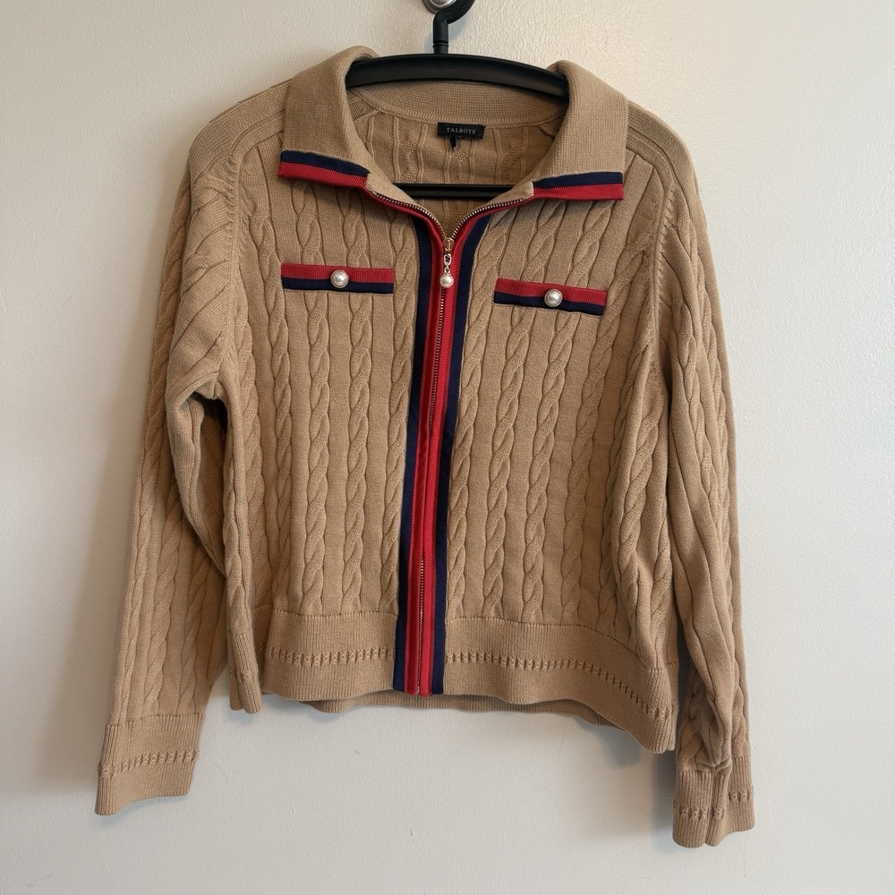 Talbots Cable Knit Zip Long Sleeve Cardigan Size L Preppy Old Money Academia